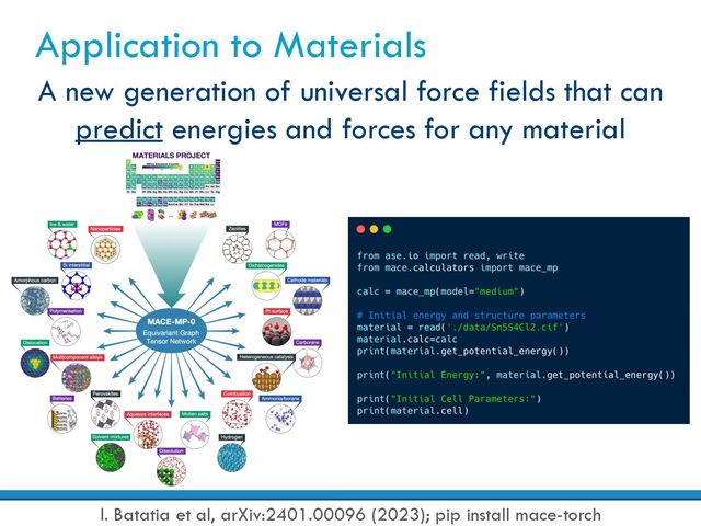 Application to Materials
A new generation of universal force fields that can
predict energies and forces for any material
I. Batatia et al, arXiv:2401.00096 (2023); pip install mace-torch
