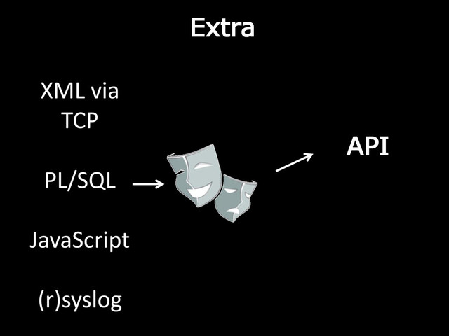 Extra
API
XML via
TCP
PL/SQL
JavaScript
(r)syslog
