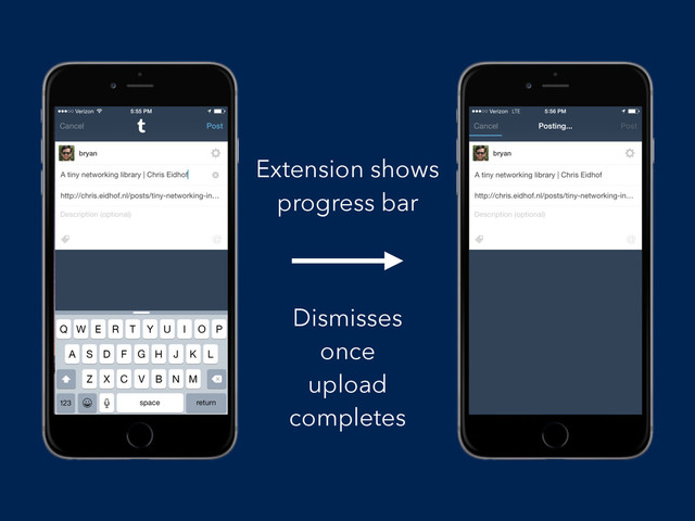 Extension shows
progress bar
Dismisses
once
upload
completes
