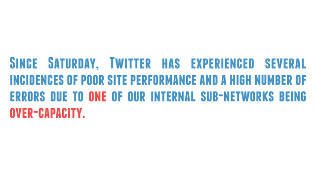 Since Saturday, Twitter has experienced several
incidences of poor site performance and a high number of
errors due to one of our internal sub-networks being
over-capacity.
