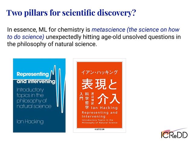 Two pillars for scientiﬁc discovery?
In essence, ML for chemistry is metascience (the science on how
to do science) unexpectedly hitting age-old unsolved questions in
the philosophy of natural science.
