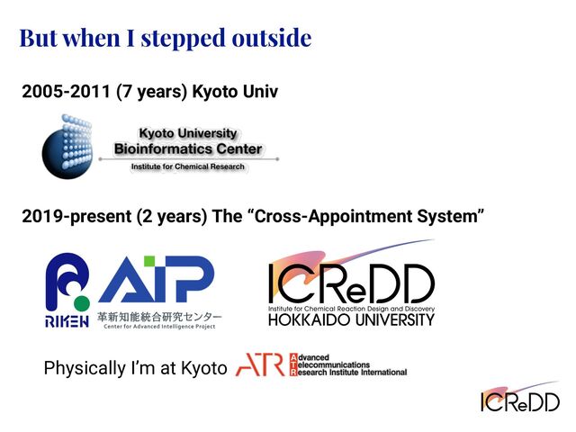 2005-2011 (7 years) Kyoto Univ
2019-present (2 years) The “Cross-Appointment System”
But when I stepped outside
Physically I’m at Kyoto
