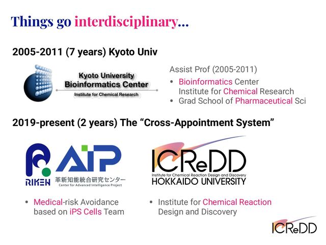 Things go interdisciplinary…
• Bioinformatics Center
Institute for Chemical Research
• Grad School of Pharmaceutical Sci
• Medical-risk Avoidance
based on iPS Cells Team
• Institute for Chemical Reaction
Design and Discovery
Assist Prof (2005-2011)
2005-2011 (7 years) Kyoto Univ
2019-present (2 years) The “Cross-Appointment System”

