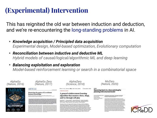 (Experimental) Intervention
AlphaGo
(Nature, 2016)
AlphaGo Zero
(Nature, 2017)
AlphaZero
(Science, 2018)
MuZero
(Nature, 2020)
This has reignited the old war between induction and deduction,
and we’re re-encountering the long-standing problems in AI.
• Knowledge acquisition / Principled data acquisition
Experimental design, Model-based optimization, Evolutionary computation
• Reconciliation between inductive and deductive ML
Hybrid models of causal/logical/algorithmic ML and deep learning
• Balancing exploitation and exploration
Model-based reinforcement learning or search in a combinatorial space
