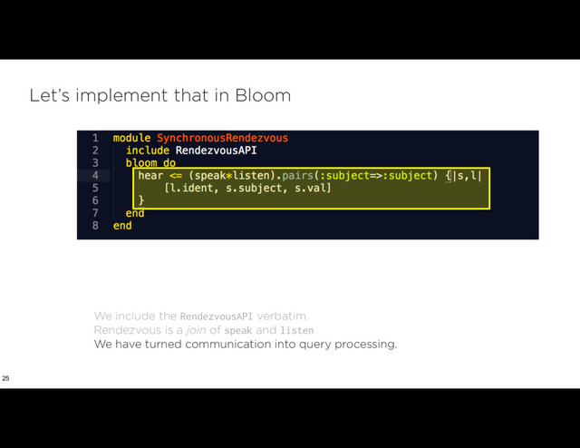 Let’s implement that in Bloom
25
We include the RendezvousAPI verbatim.
Rendezvous is a join of speak and listen
We have turned communication into query processing.
