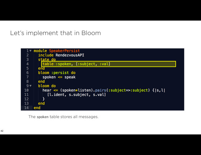 Let’s implement that in Bloom
42
The spoken table stores all messages.  
