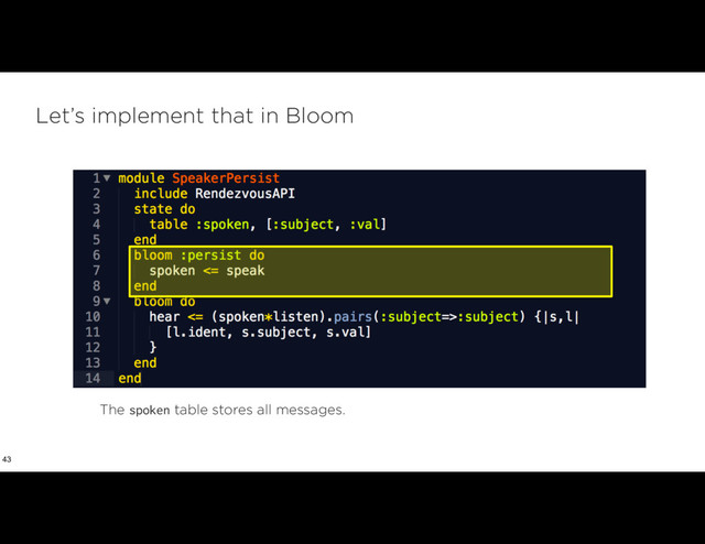 Let’s implement that in Bloom
43
The spoken table stores all messages.
