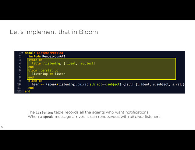Let’s implement that in Bloom
49
The listening table records all the agents who want notifications.  
When a speak message arrives, it can rendezvous with all prior listeners.
