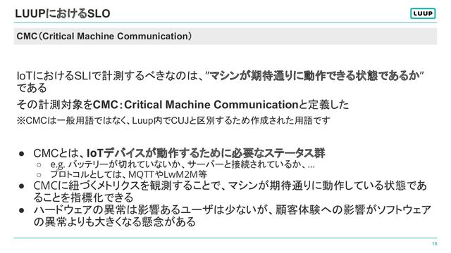 15
CMC（Critical Machine Communication）
LUUPにおけるSLO
IoTにおけるSLIで計測するべきなのは、”マシンが期待通りに動作できる状態であるか”
である
その計測対象をCMC：Critical Machine Communicationと定義した
※CMCは一般用語ではなく、Luup内でCUJと区別するため作成された用語です
● CMCとは、IoTデバイスが動作するために必要なステータス群
○ e.g. バッテリーが切れていないか、サーバーと接続されているか、...
○ プロトコルとしては、MQTTやLwM2M等
● CMCに紐づくメトリクスを観測することで、マシンが期待通りに動作している状態であ
ることを指標化できる
● ハードウェアの異常は影響あるユーザは少ないが、顧客体験への影響がソフトウェア
の異常よりも大きくなる懸念がある

