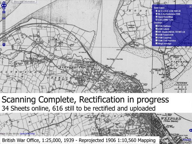 British War Office, 1:25,000, 1939 - Reprojected 1906 1:10,560 Mapping
Scanning Complete, Rectification in progress
34 Sheets online, 616 still to be rectified and uploaded

