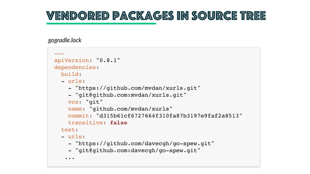 Vendored packages in source tree
--- 
apiVersion: "0.8.1" 
dependencies: 
build: 
- urls: 
- "https://github.com/mvdan/xurls.git" 
- "git@github.com:mvdan/xurls.git" 
vcs: "git" 
name: "github.com/mvdan/xurls" 
commit: "d315b61cf6727664f310fa87b3197e9faf2a8513" 
transitive: false 
test: 
- urls: 
- "https://github.com/davecgh/go-spew.git" 
- "git@github.com:davecgh/go-spew.git" 
...
gogradle.lock
