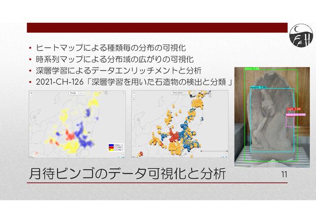 月待ビンゴのデータ可視化と分析
• ヒートマップによる種類毎の分布の可視化
• 時系列マップによる分布域の広がりの可視化
• 深層学習によるデータエンリッチメントと分析
• 2021-CH-126「深層学習を用いた石造物の検出と分類 」
11
