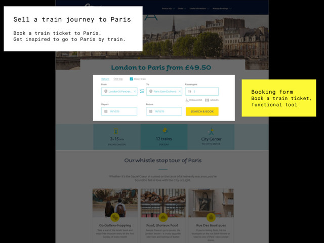 Booking form
Book a train ticket,
functional tool
Sell a train journey to Paris
Book a train ticket to Paris,
Get inspired to go to Paris by train.
