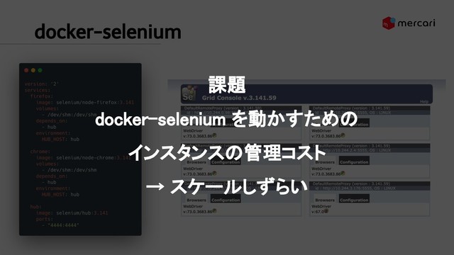 docker-selenium 
 
課題 
docker-selenium を動かすための 
インスタンスの管理コスト 
→ スケールしずらい 

