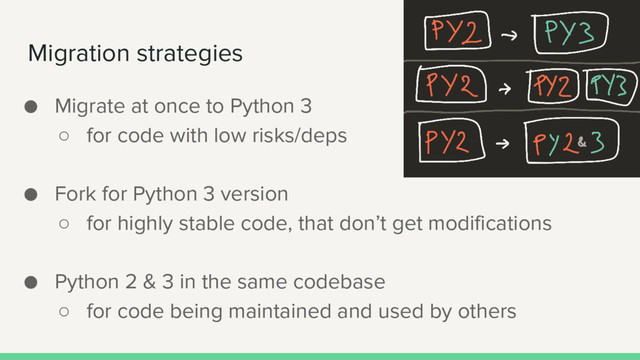 Migration strategies
● Migrate at once to Python 3
○ for code with low risks/deps
● Fork for Python 3 version
○ for highly stable code, that don’t get modifications
● Python 2 & 3 in the same codebase
○ for code being maintained and used by others
