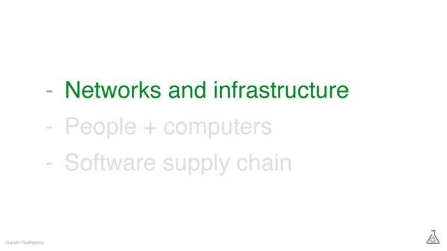 Networks and infrastructure
People + computers
Software supply chain
Gareth Rushgrove
-
-
-
