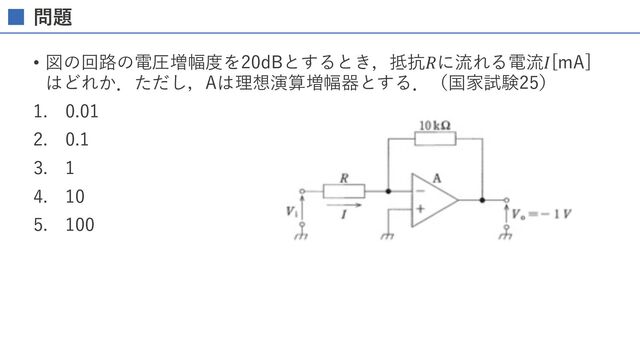 問題
• 図の回路の電圧増幅度を20dBとするとき，抵抗𝑅に流れる電流𝐼[mA]
はどれか．ただし，Aは理想演算増幅器とする．（国家試験25）
1. 0.01
2. 0.1
3. 1
4. 10
5. 100
