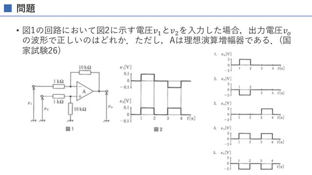 問題
• 図1の回路において図2に⽰す電圧𝑣!
と𝑣1
を⼊⼒した場合，出⼒電圧𝑣&
の波形で正しいのはどれか．ただし，Aは理想演算増幅器である．(国
家試験26)
