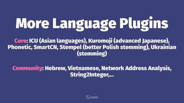 More Language Plugins
Core: ICU (Asian languages), Kuromoji (advanced Japanese),
Phonetic, SmartCN, Stempel (better Polish stemming), Ukrainian
(stemming)
Community: Hebrew, Vietnamese, Network Address Analysis,
String2Integer,...
