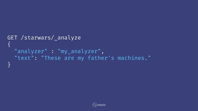 GET /starwars/_analyze
{
"analyzer" : "my_analyzer",
"text": "These are my father's machines."
}
