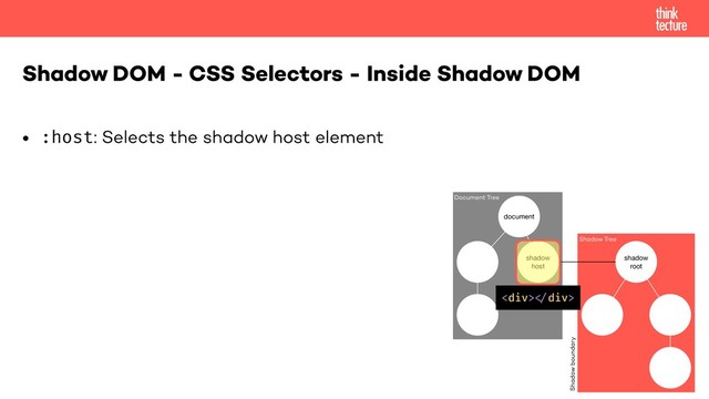 • :host: Selects the shadow host element
Shadow DOM - CSS Selectors - Inside Shadow DOM
document
shadow
host
Document Tree
Shadow Tree
shadow
root
Shadow boundary
<div>!"div>
</div>