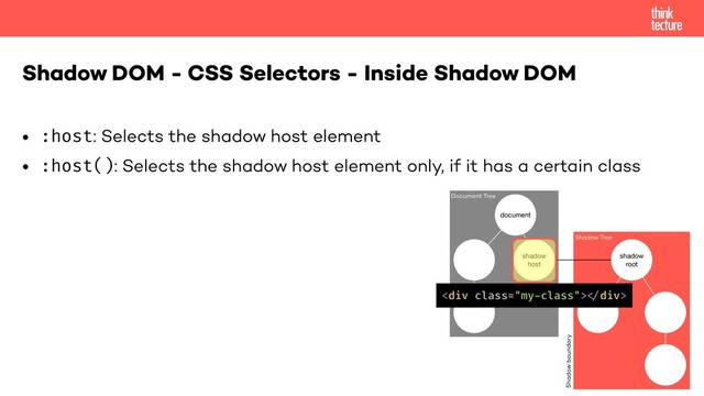 • :host: Selects the shadow host element
• :host(): Selects the shadow host element only, if it has a certain class
Shadow DOM - CSS Selectors - Inside Shadow DOM
document
shadow
host
Document Tree
Shadow Tree
shadow
root
Shadow boundary
<div class="my-class">!"div>
</div>