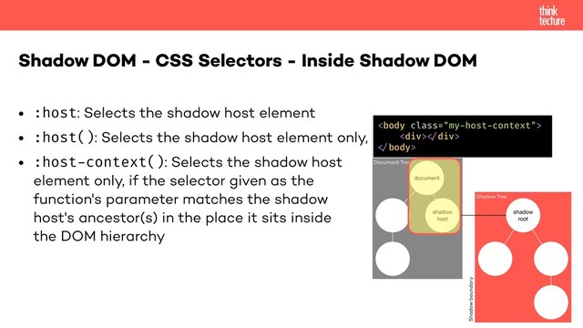 • :host: Selects the shadow host element
• :host(): Selects the shadow host element only, if it has a certain class
• :host-context(): Selects the shadow host  
element only, if the selector given as the  
function's parameter matches the shadow  
host's ancestor(s) in the place it sits inside  
the DOM hierarchy
Shadow DOM - CSS Selectors - Inside Shadow DOM
document
shadow
host
Document Tree
Shadow Tree
shadow
root
Shadow boundary

<div>!"div>
!"body>
</div>