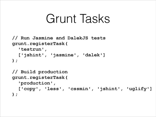 Grunt Tasks
// Run Jasmine and DalekJS tests
grunt.registerTask( 
'testrun', 
['jshint', 'jasmine', 'dalek']
);
!
// Build production
grunt.registerTask( 
'production',
['copy', 'less', 'cssmin', 'jshint', 'uglify']
);
