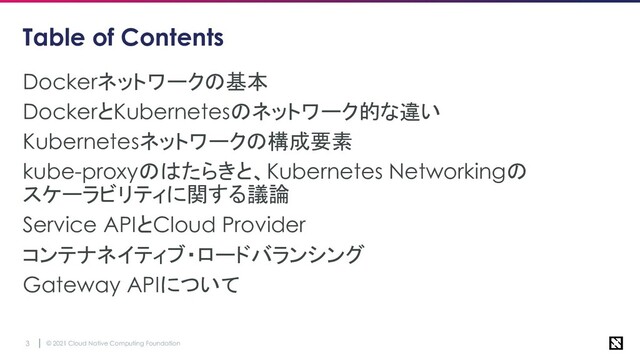 © 2021 Cloud Native Computing Foundation
3
Table of Contents
Dockerネットワークの基本
DockerとKubernetesのネットワーク的な違い
Kubernetesネットワークの構成要素
kube-proxyのはたらきと、Kubernetes Networkingの
スケーラビリティに関する議論
Service APIとCloud Provider
コンテナネイティブ・ロードバランシング
Gateway APIについて
