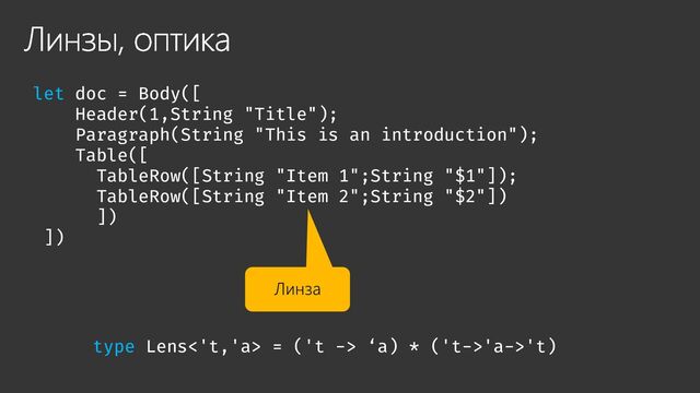 Линзы, оптика
let doc = Body([
Header(1,String "Title");
Paragraph(String "This is an introduction");
Table([
TableRow([String "Item 1";String "$1"]);
TableRow([String "Item 2";String "$2"])
])
])
Линза
type Lens<'t,'a> = ('t -> ‘a) * ('t->'a->'t)
