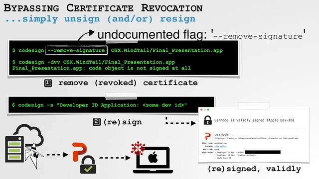 ...simply unsign (and/or) resign
BYPASSING CERTIFICATE REVOCATION
$ codesign --remove-signature OSX.WindTail/Final_Presentation.app
$ codesign -dvv OSX.WindTail/Final_Presentation.app
Final_Presentation.app: code object is not signed at all
remove (revoked) certificate
undocumented ﬂag: '--remove-signature
'
$ codesign -s "Developer ID Application: "
(re)sign
(re)signed, validly
