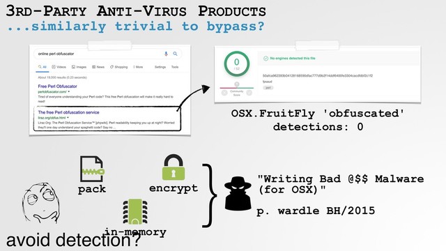 ...similarly trivial to bypass?
3RD-PARTY ANTI-VIRUS PRODUCTS
}OSX.FruitFly 'obfuscated'
detections: 0
pack encrypt
in-memory
"Writing Bad @$$ Malware
(for OSX)" 
 
p. wardle BH/2015
avoid detection?
