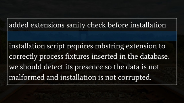 added extensions sanity check before installation
installation script requires mbstring extension to
correctly process fixtures inserted in the database.
we should detect its presence so the data is not
malformed and installation is not corrupted.
