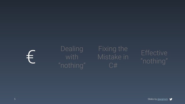 Slides by @arghrich
5
€ Dealing
with
“nothing”
Effective
“nothing”
Fixing the
Mistake in
C#
