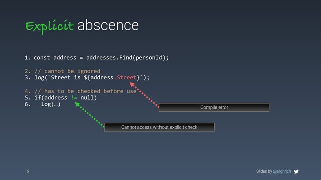 Slides by @arghrich
Explicit abscence
1. const address = addresses.Find(personId);
16 Slides by @arghrich
2. // cannot be ignored
3. log(`Street is ${address.Street}`);
4. // has to be checked before use
5. if(address != null)
6. log(…)
Compile error
Cannot access without explicit check
