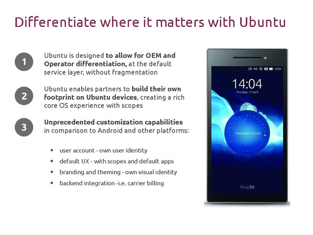 Ubuntu is designed to allow for OEM and
Operator differentiation, at the default
service layer, without fragmentation
Ubuntu enables partners to build their own
footprint on Ubuntu devices, creating a rich
core OS experience with scopes
Unprecedented customization capabilities
in comparison to Android and other platforms:
●
user account - own user identity
●
default UX - with scopes and default apps
●
branding and theming - own visual identity
●
backend integration -i.e. carrier billing
Differentiate where it matters with Ubuntu
2
3
1

