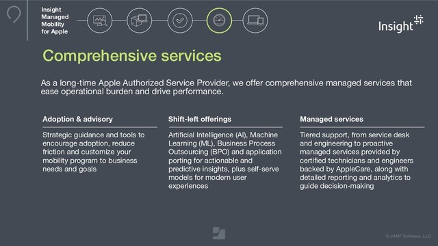 © JAMF Software, LLC
Comprehensive services
As a long-time Apple Authorized Service Provider, we offer comprehensive managed services that
ease operational burden and drive performance.
Adoption & advisory
Strategic guidance and tools to
encourage adoption, reduce
friction and customize your
mobility program to business
needs and goals
Shift-left offerings
Artificial Intelligence (AI), Machine
Learning (ML), Business Process
Outsourcing (BPO) and application
porting for actionable and
predictive insights, plus self-serve
models for modern user
experiences
Managed services
Tiered support, from service desk
and engineering to proactive
managed services provided by
certified technicians and engineers
backed by AppleCare, along with
detailed reporting and analytics to
guide decision-making
Insight
Managed
Mobility
for Apple
