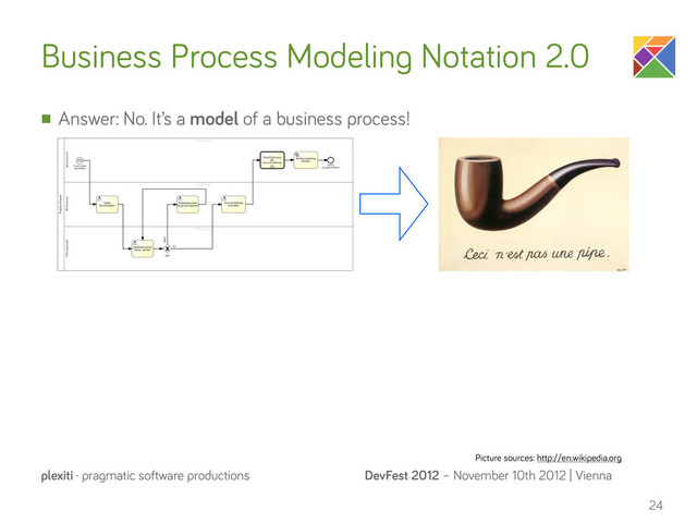 DevFest 2012 – November 10th 2012 | Vienna
plexiti · pragmatic software productions
Business Process Modeling Notation 2.0
n Answer: No. It’s a model of a business process!
24
Picture sources: http://en.wikipedia.org
