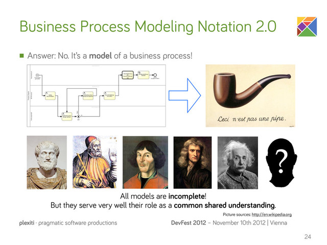 DevFest 2012 – November 10th 2012 | Vienna
plexiti · pragmatic software productions
Business Process Modeling Notation 2.0
n Answer: No. It’s a model of a business process!
24
All models are incomplete!
But they serve very well their role as a common shared understanding.
Picture sources: http://en.wikipedia.org
