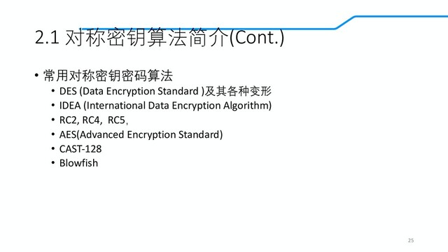 2.1 对称密钥算法简介(Cont.)
• 常用对称密钥密码算法
• DES (Data Encryption Standard )及其各种变形
• IDEA (International Data Encryption Algorithm)
• RC2, RC4, RC5，
• AES(Advanced Encryption Standard)
• CAST-128
• Blowfish
25
