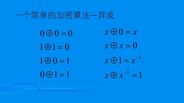 一个简单的加密算法—异或
1
1
0
1
0
1
0
1
1
0
0
0
=
Å
=
Å
=
Å
=
Å
1
1
0
0
1
1
=
Å
=
Å
=
Å
=
Å
-
-
x
x
x
x
x
x
x
x
9
