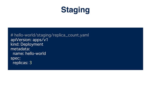 # hello-world/staging/replica_count.yaml
apiVersion: apps/v1
kind: Deployment
metadata:
name: hello-world
spec:
replicas: 3
Staging
