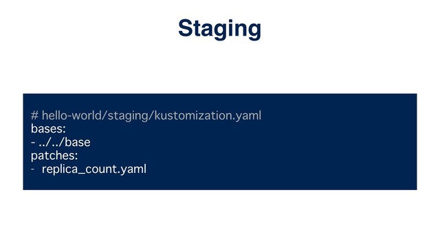 # hello-world/staging/kustomization.yaml
bases:
- ../../base
patches:
- replica_count.yaml
Staging
