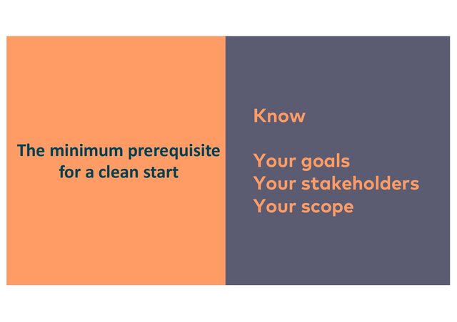 The minimum prerequisite
for a clean start
Know
Your goals
Your stakeholders
Your scope
