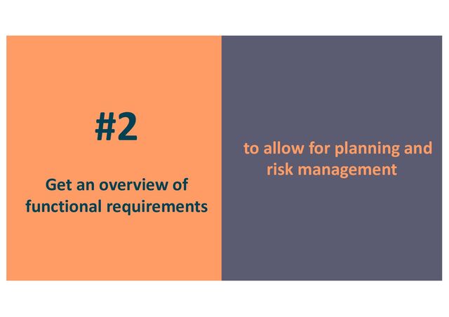 #2
Get an overview of
functional requirements
to allow for planning and
risk management
