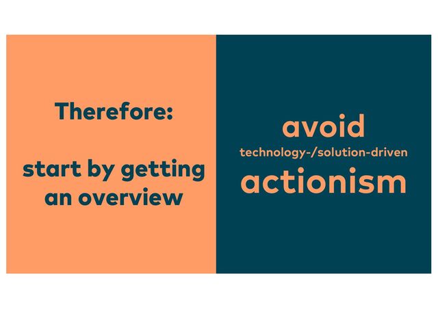 Therefore:
start by getting
an overview
avoid
technology-/solution-driven
actionism
