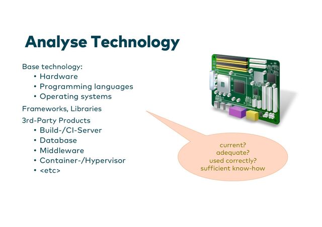 Analyse Technology
Base technology:
• Hardware
• Programming languages
• Operating systems
Frameworks, Libraries
3rd-Party Products
• Build-/CI-Server
• Database
• Middleware
• Container-/Hypervisor
• 
current?
adequate?
used correctly?
sufficient know-how
