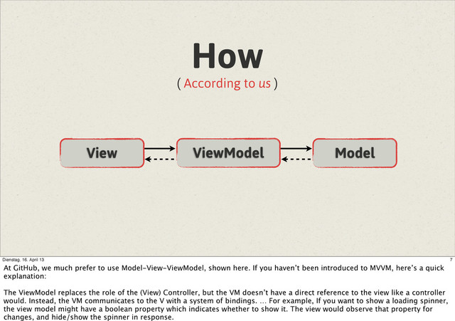 View ViewModel Model
How
( According to us )
7
Dienstag, 16. April 13
At GitHub, we much prefer to use Model-View-ViewModel, shown here. If you haven’t been introduced to MVVM, here’s a quick
explanation:
The ViewModel replaces the role of the (View) Controller, but the VM doesn’t have a direct reference to the view like a controller
would. Instead, the VM communicates to the V with a system of bindings. … For example, If you want to show a loading spinner,
the view model might have a boolean property which indicates whether to show it. The view would observe that property for
changes, and hide/show the spinner in response.
