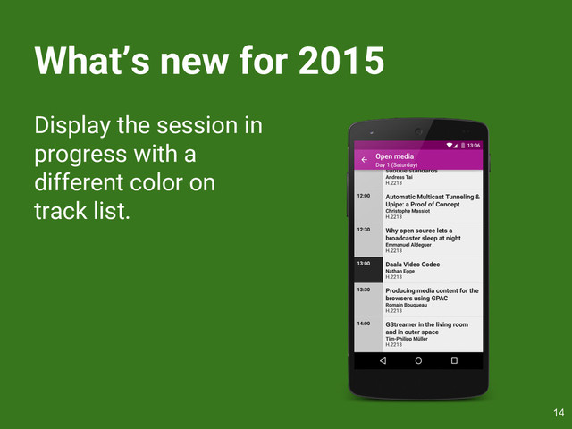 What’s new for 2015
Display the session in
progress with a
different color on
track list.
14
