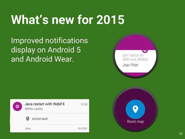 What’s new for 2015
Improved notifications
display on Android 5
and Android Wear.
15
